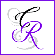 Script initials black C and Purple R over a white background with gray screened swirl designs.